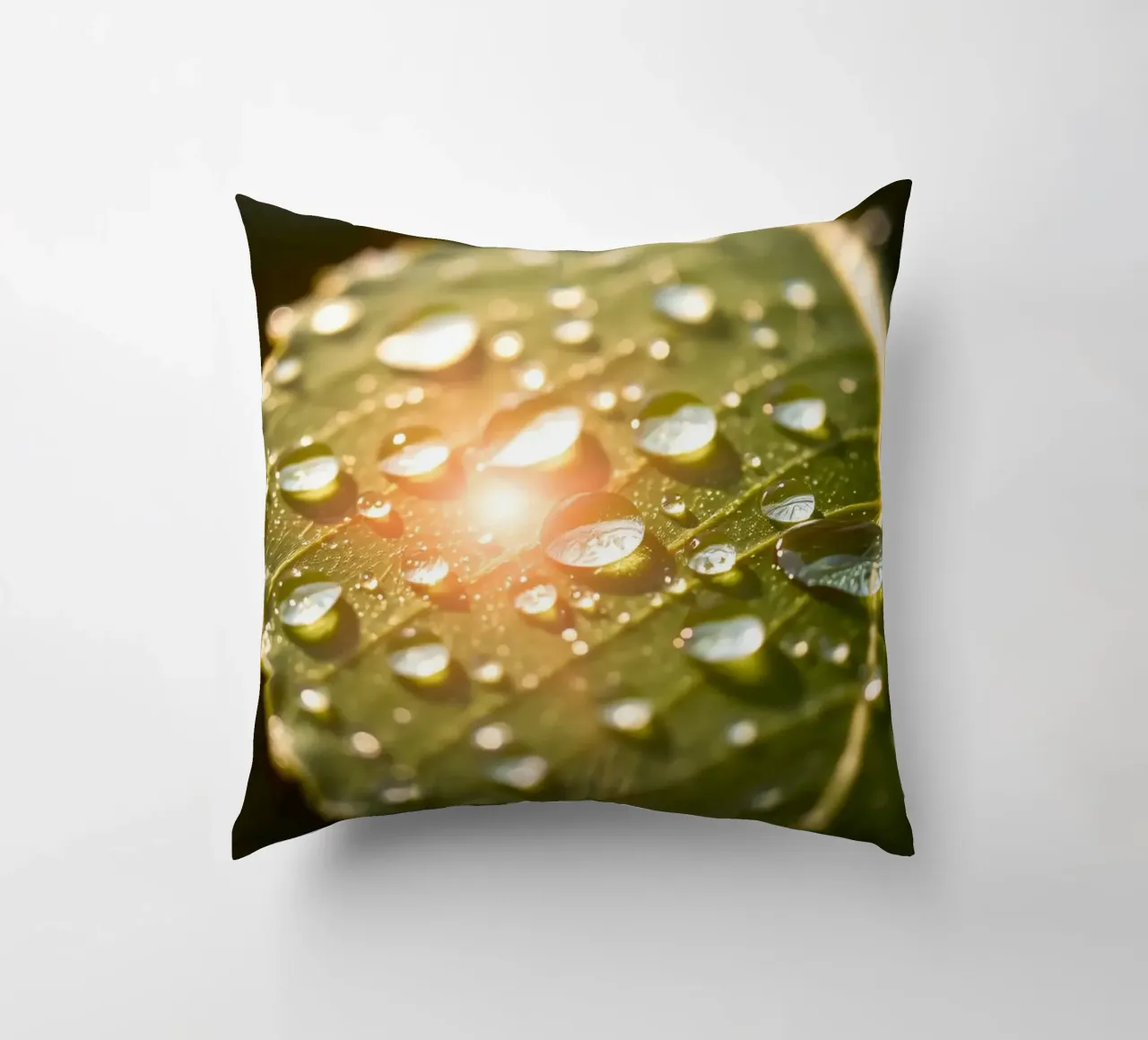 La rugiada mattutina luccica su una foglia verde mentre la luce del sole si infrange cuscino da DesignDoodle