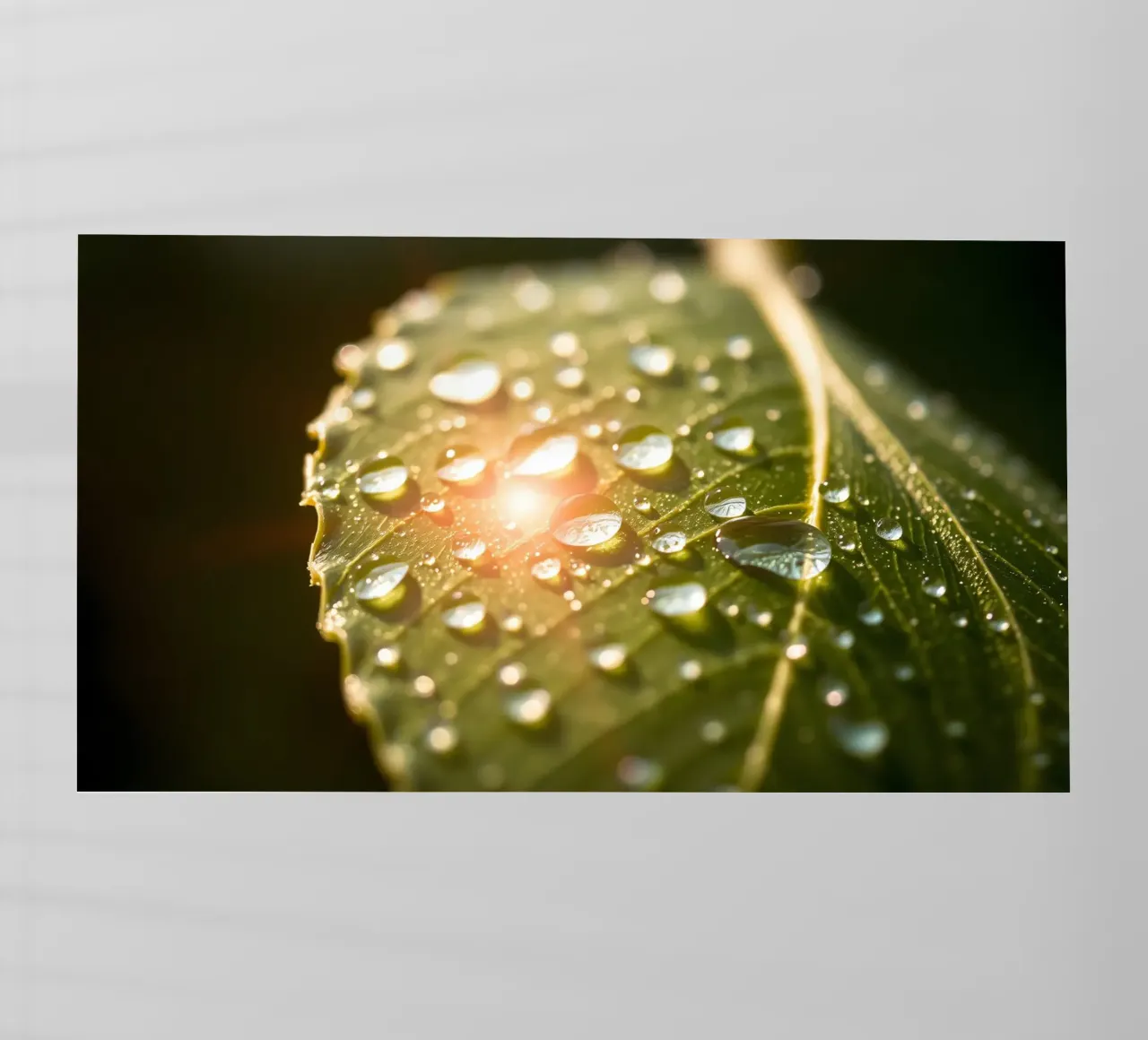 La rugiada mattutina luccica su una foglia verde mentre la luce del sole si infrange pellicola backlit da DesignDoodle