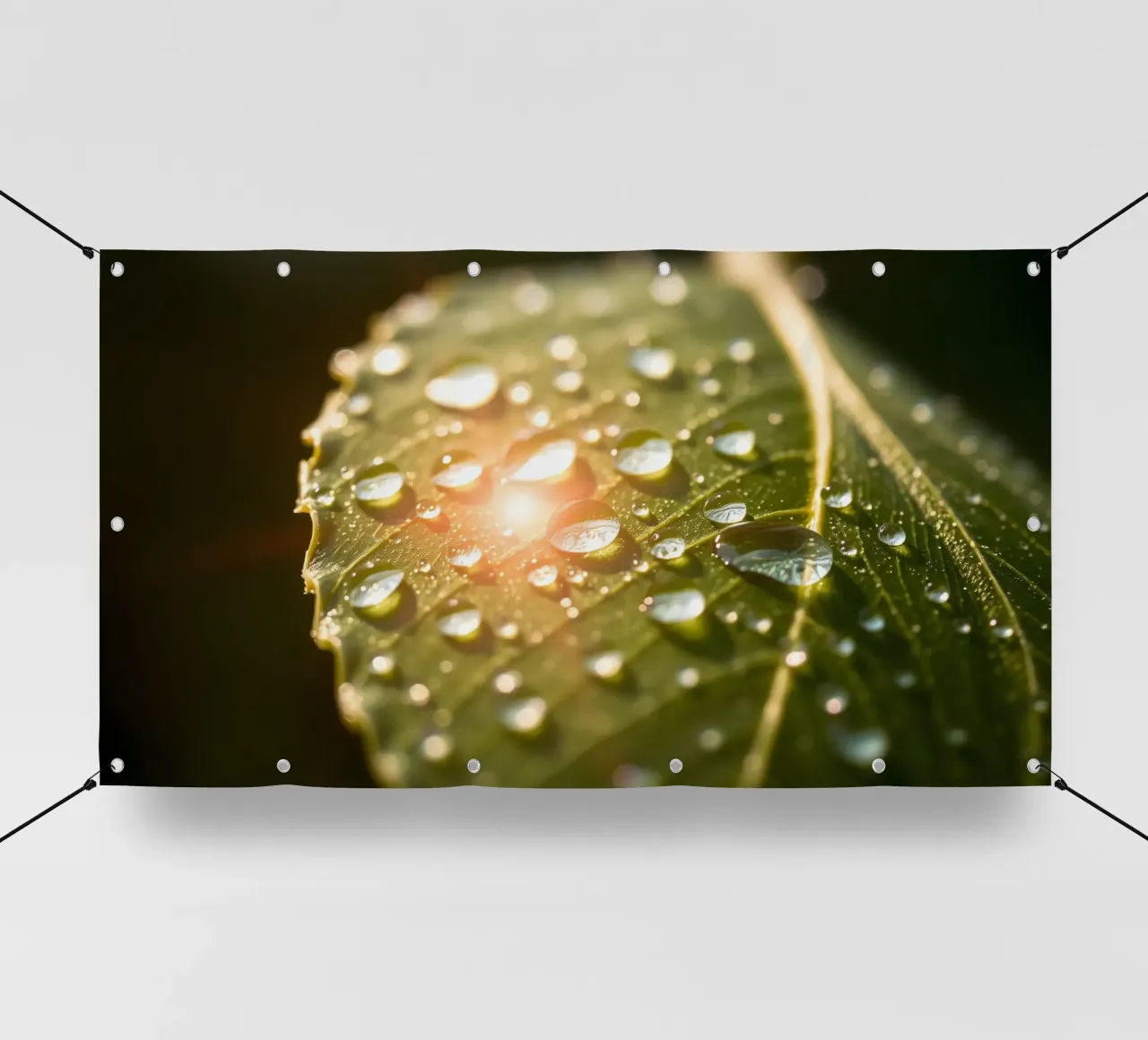 La rugiada mattutina luccica su una foglia verde mentre la luce del sole si infrange telo in pvc da DesignDoodle