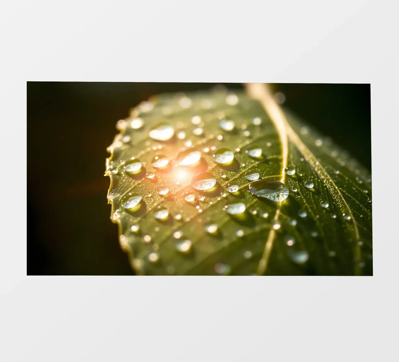 La rugiada mattutina luccica su una foglia verde mentre la luce del sole si infrange telo in pvc da DesignDoodle