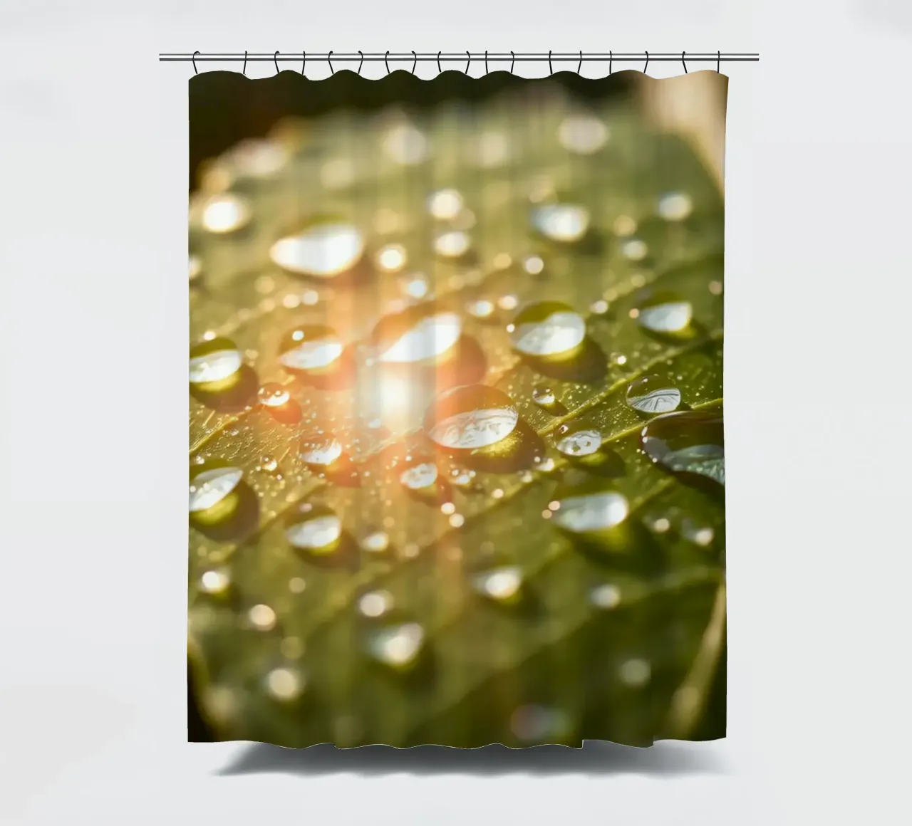 Morning dew glistens on a green leaf as sunlight breaks shower curtain by DesignDoodle