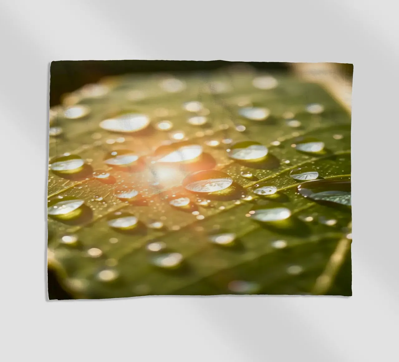 La rugiada mattutina luccica su una foglia verde mentre la luce del sole si infrange telo mare da DesignDoodle