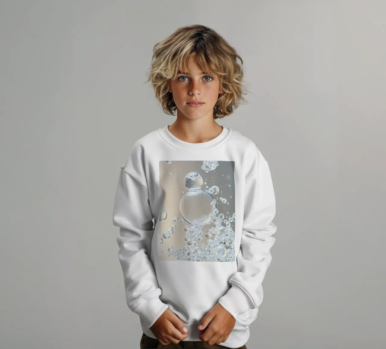 Bubbles rise in a clear liquid water kids sweatshirt by DesignDoodle