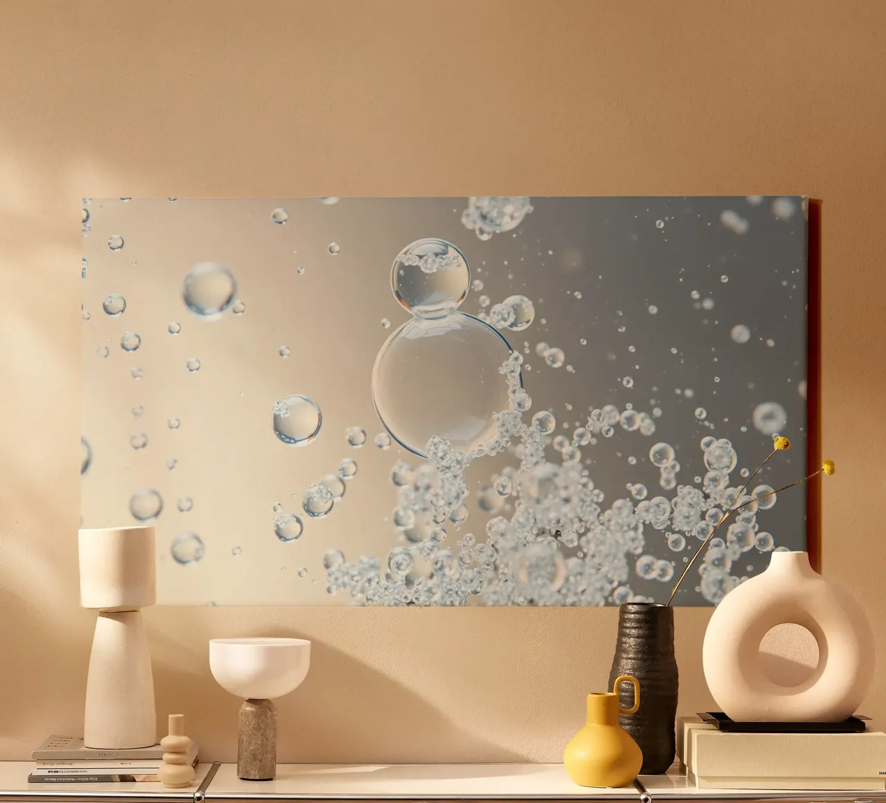 Blasen steigen in einer klaren Flüssigkeit auf Leinwand mit Schattenfugenrahmen von DesignDoodle