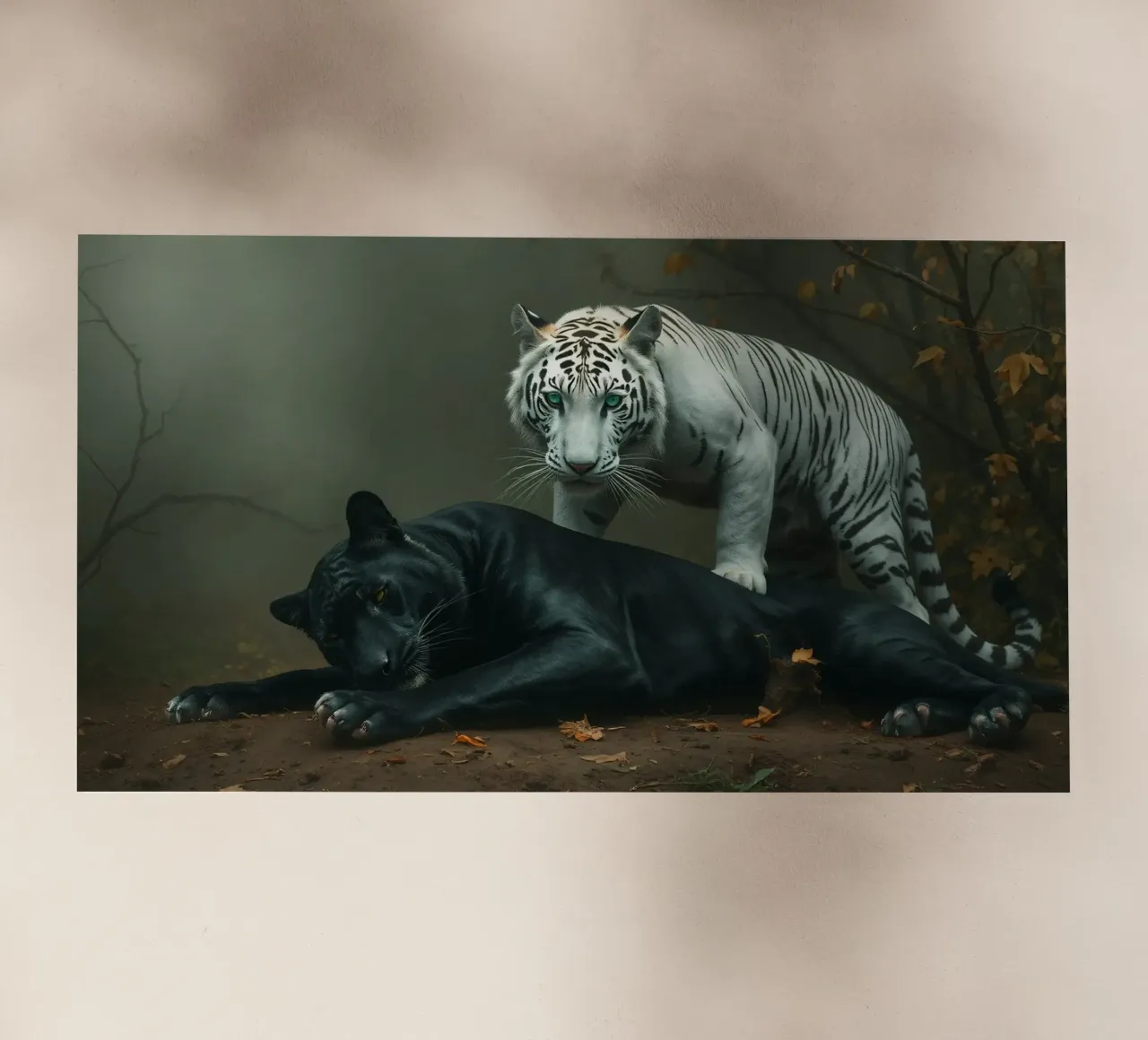 Raro incontro tra una tigre bianca e una pantera nera pellicola backlit da DesignDoodle