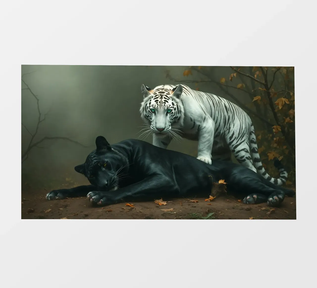 Raro incontro tra una tigre bianca e una pantera nera telo in pvc da DesignDoodle