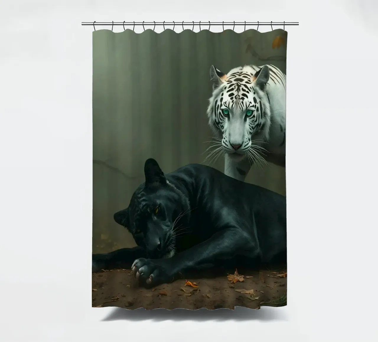 Raro incontro tra una tigre bianca e una pantera nera tenda da doccia da DesignDoodle