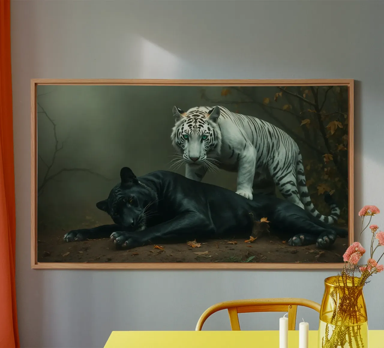 Raro incontro tra una tigre bianca e una pantera nera alluminio dibond da DesignDoodle