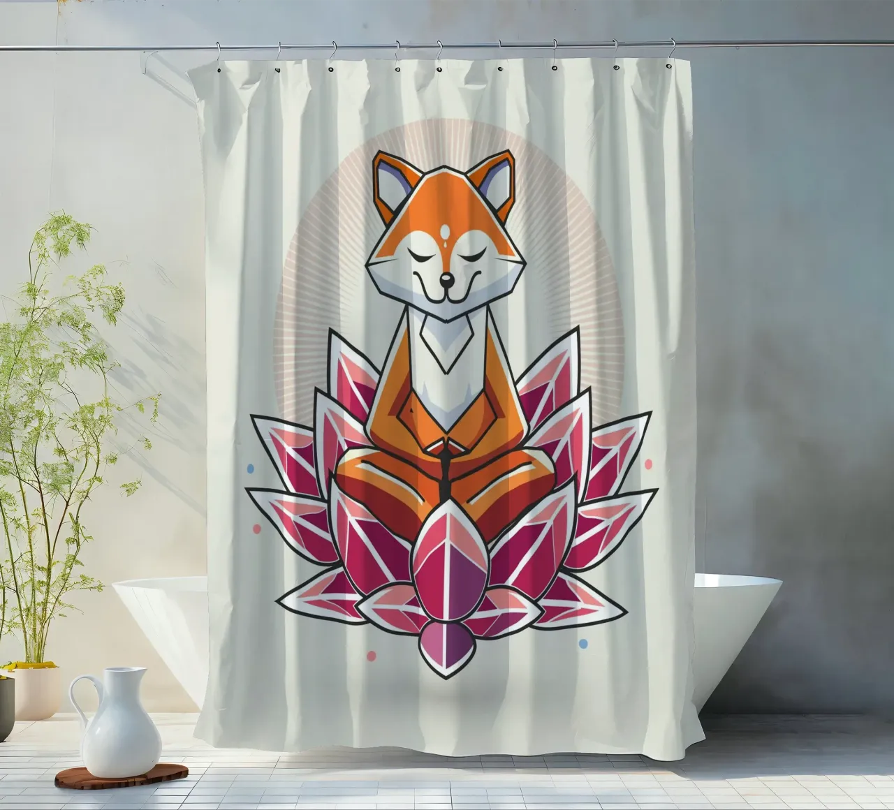 Ein friedlich meditierender Fuchs in Lotusblüte Duschvorhang von namosh