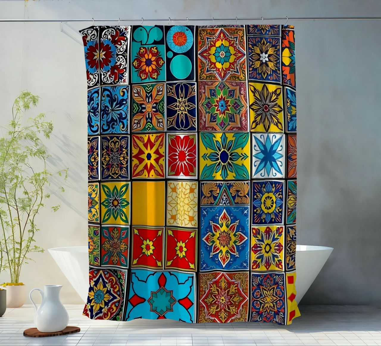 mosaic tiles display intricate patterns art shower curtain by DesignDoodle