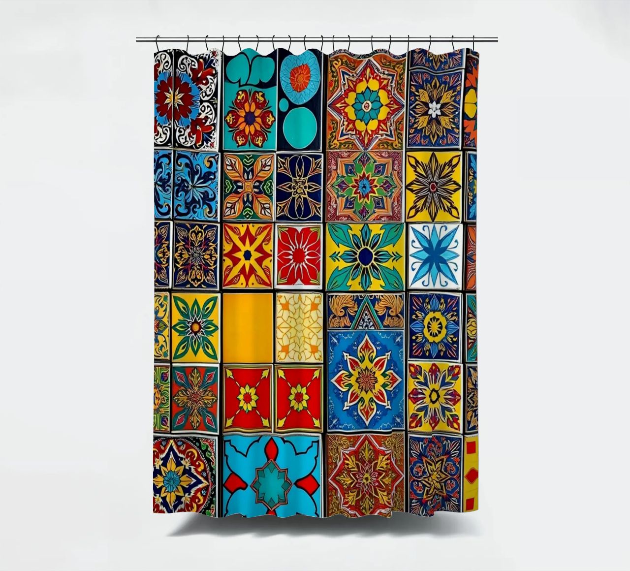 mosaic tiles display intricate patterns art shower curtain by DesignDoodle