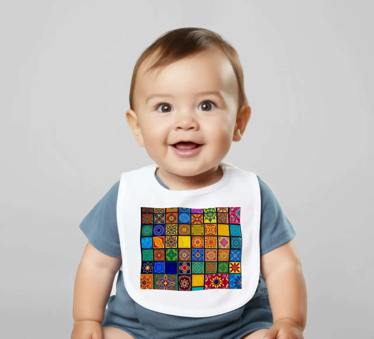 Colorful mosaic tiles with intricate patterns and design baby bib by DesignDoodle