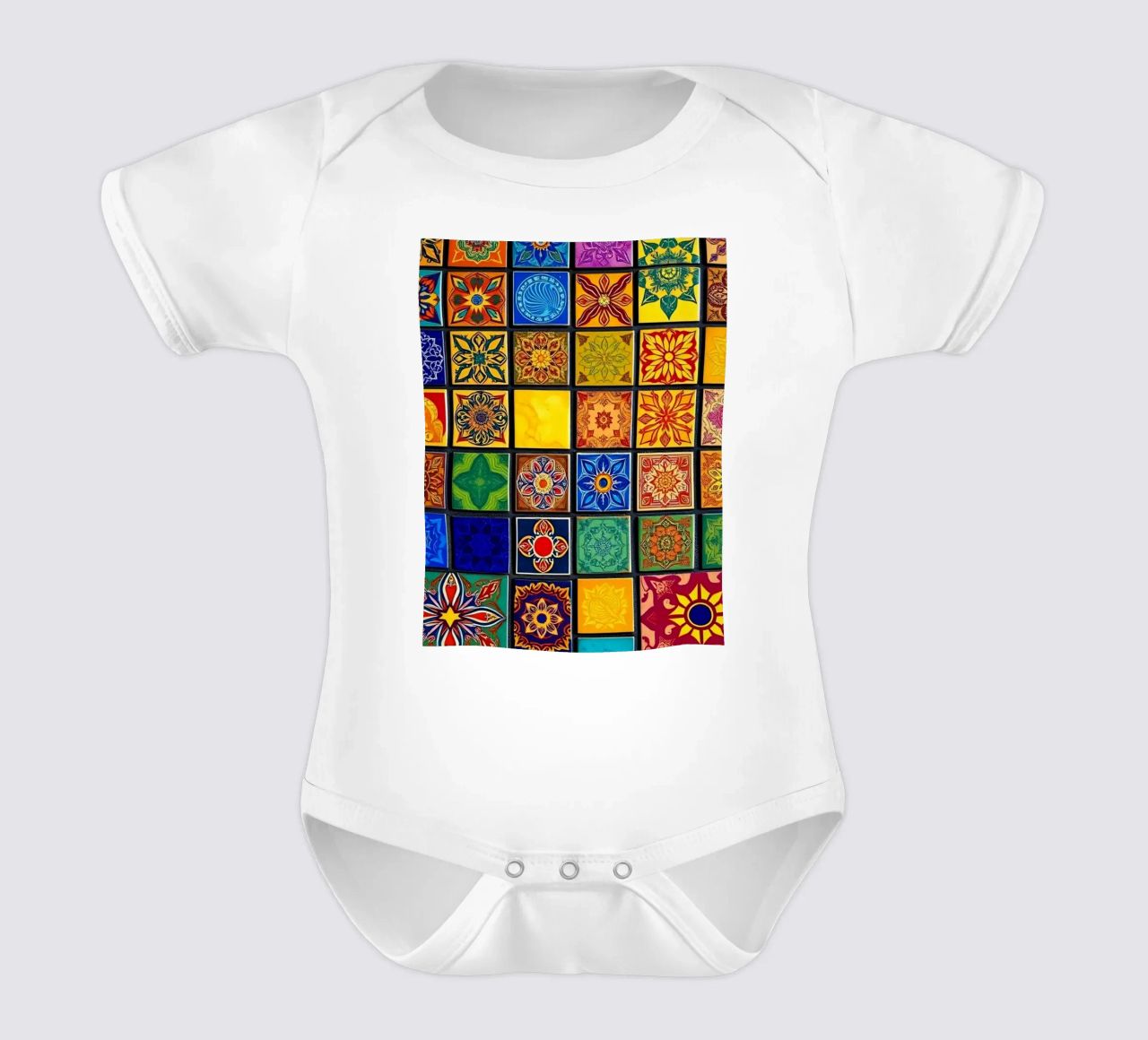Colorful mosaic tiles with intricate patterns and design short-sleeve baby romper by DesignDoodle