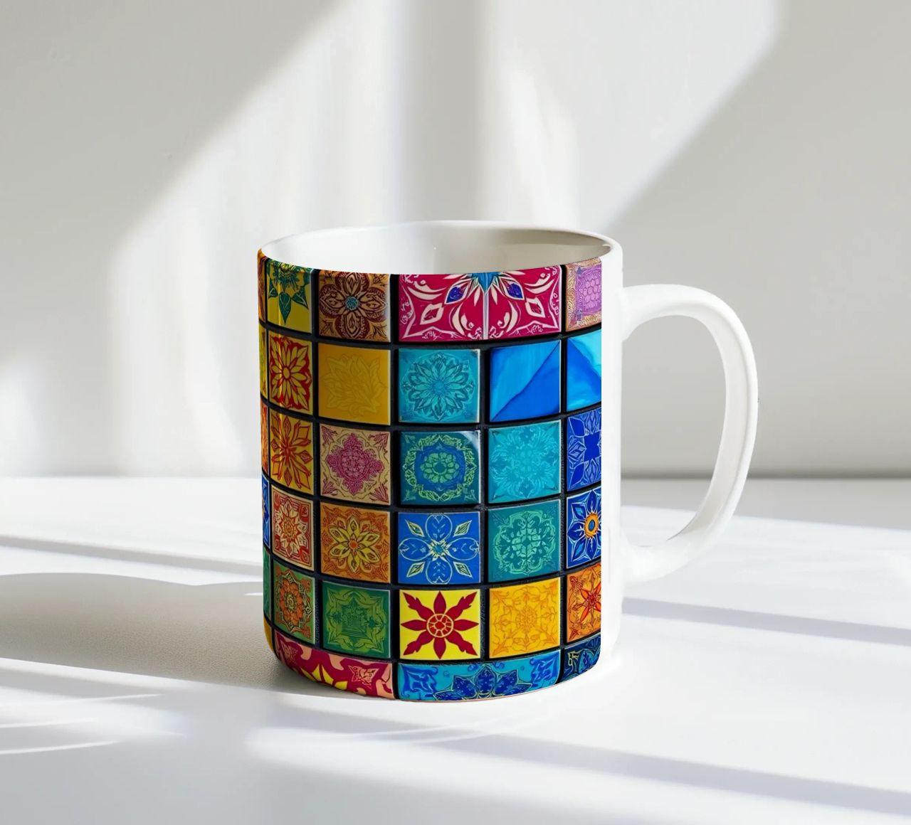 Colorful mosaic tiles with intricate patterns and design ceramic mug by DesignDoodle