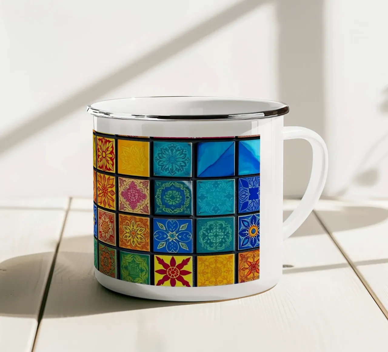 Tessere di mosaico colorate con motivi e disegni intricati tazza in smalto da DesignDoodle