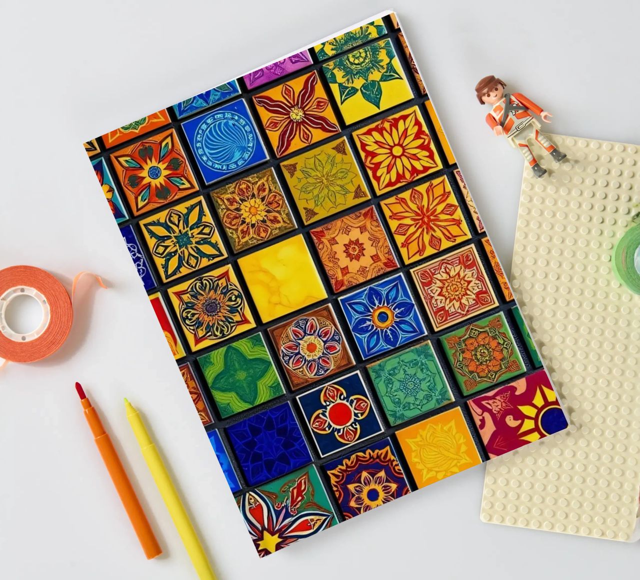 Colorful mosaic tiles with intricate patterns and design notebook by DesignDoodle