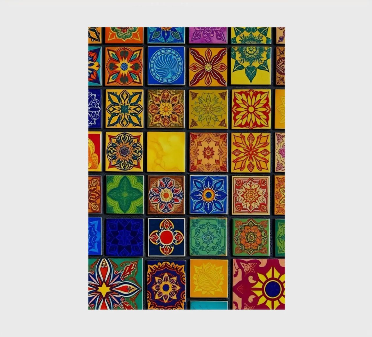 Colorful mosaic tiles with intricate patterns and design notebook by DesignDoodle