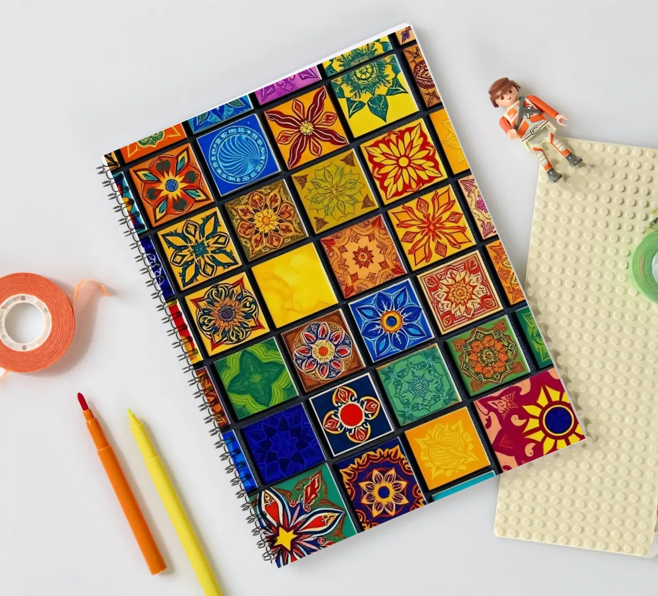 Colorful mosaic tiles with intricate patterns and design spiral notebook by DesignDoodle