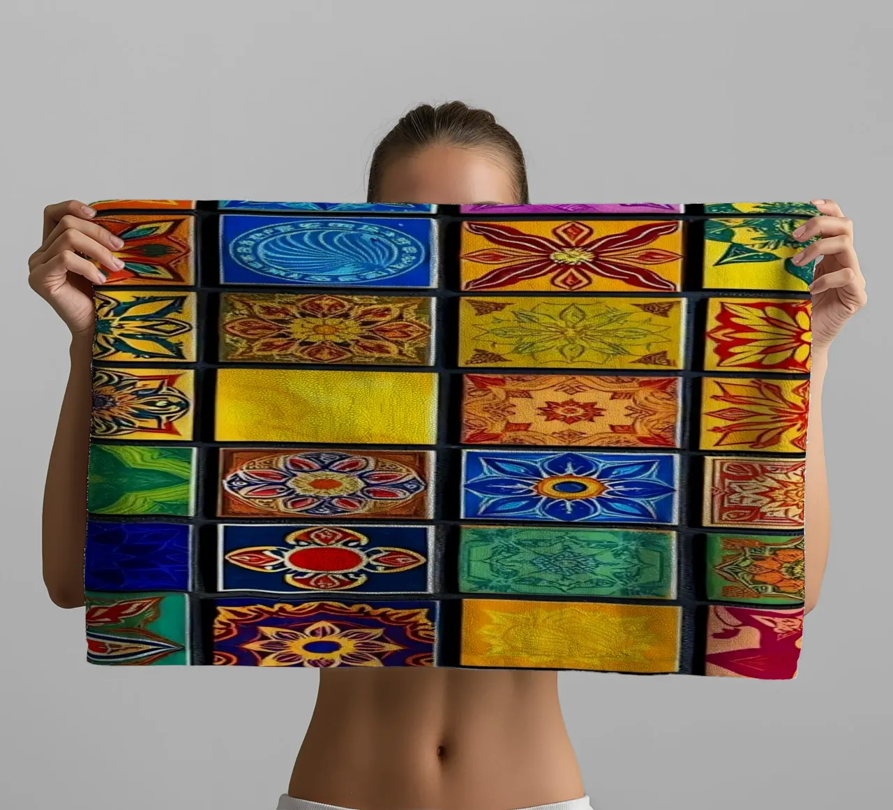Kleurrijke mozaïektegels met ingewikkelde patronen en ontwerpen badhanddoek van DesignDoodle