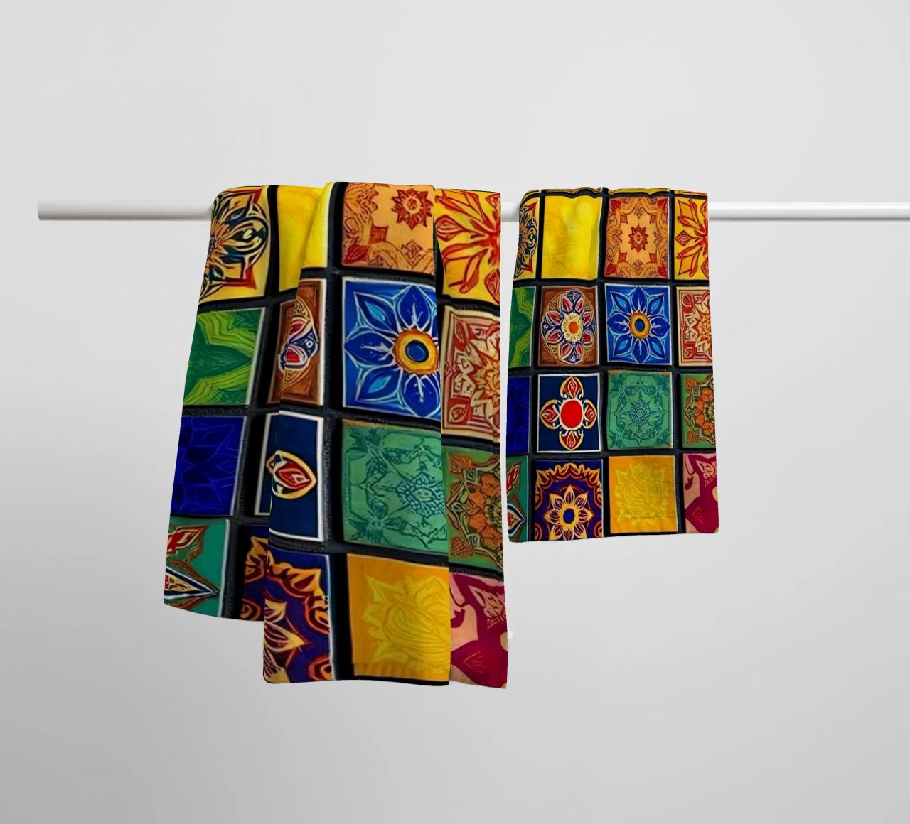 Colorful mosaic tiles with intricate patterns and design towel by DesignDoodle