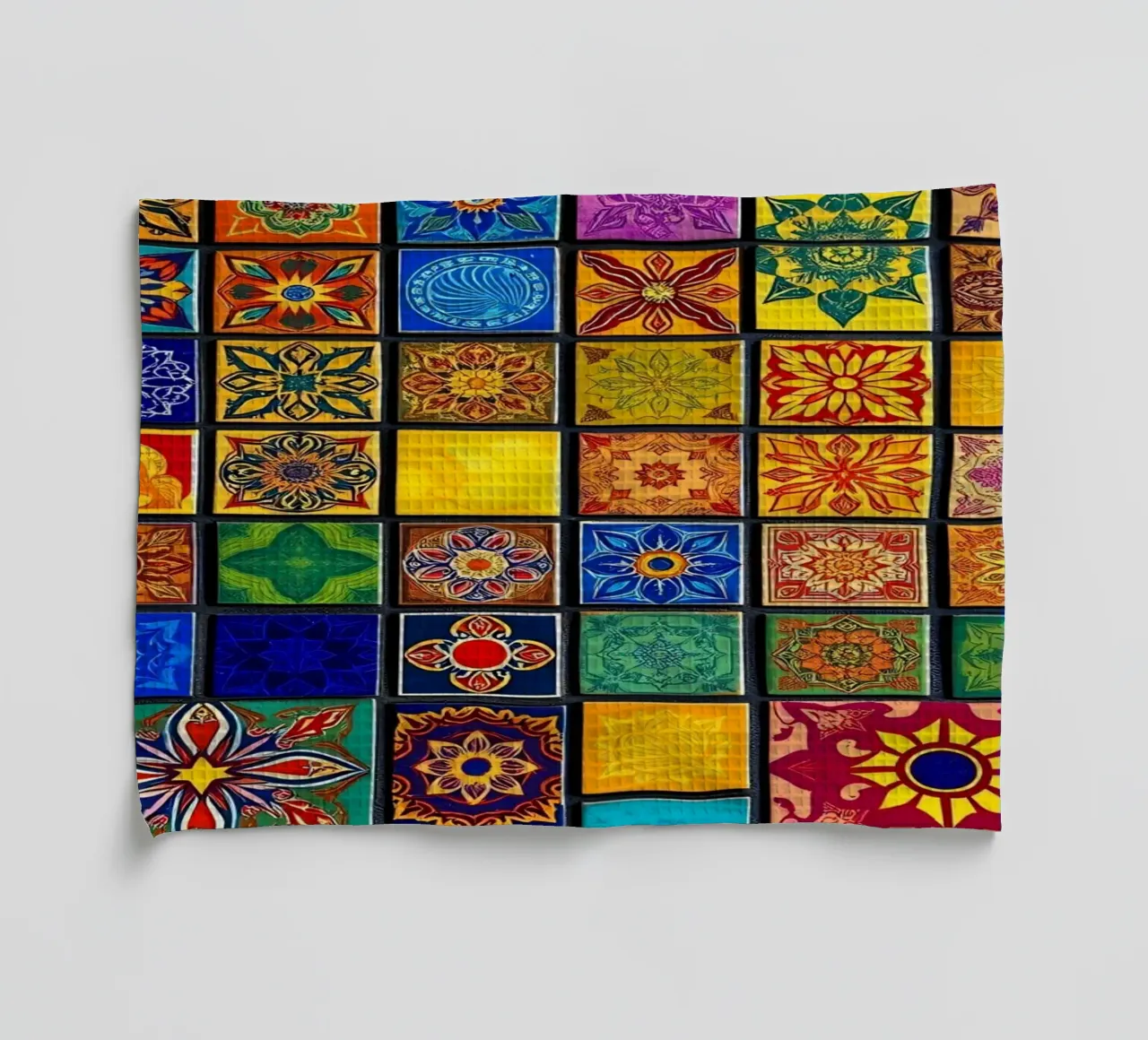 Colorful mosaic tiles with intricate patterns and design tea towel by DesignDoodle