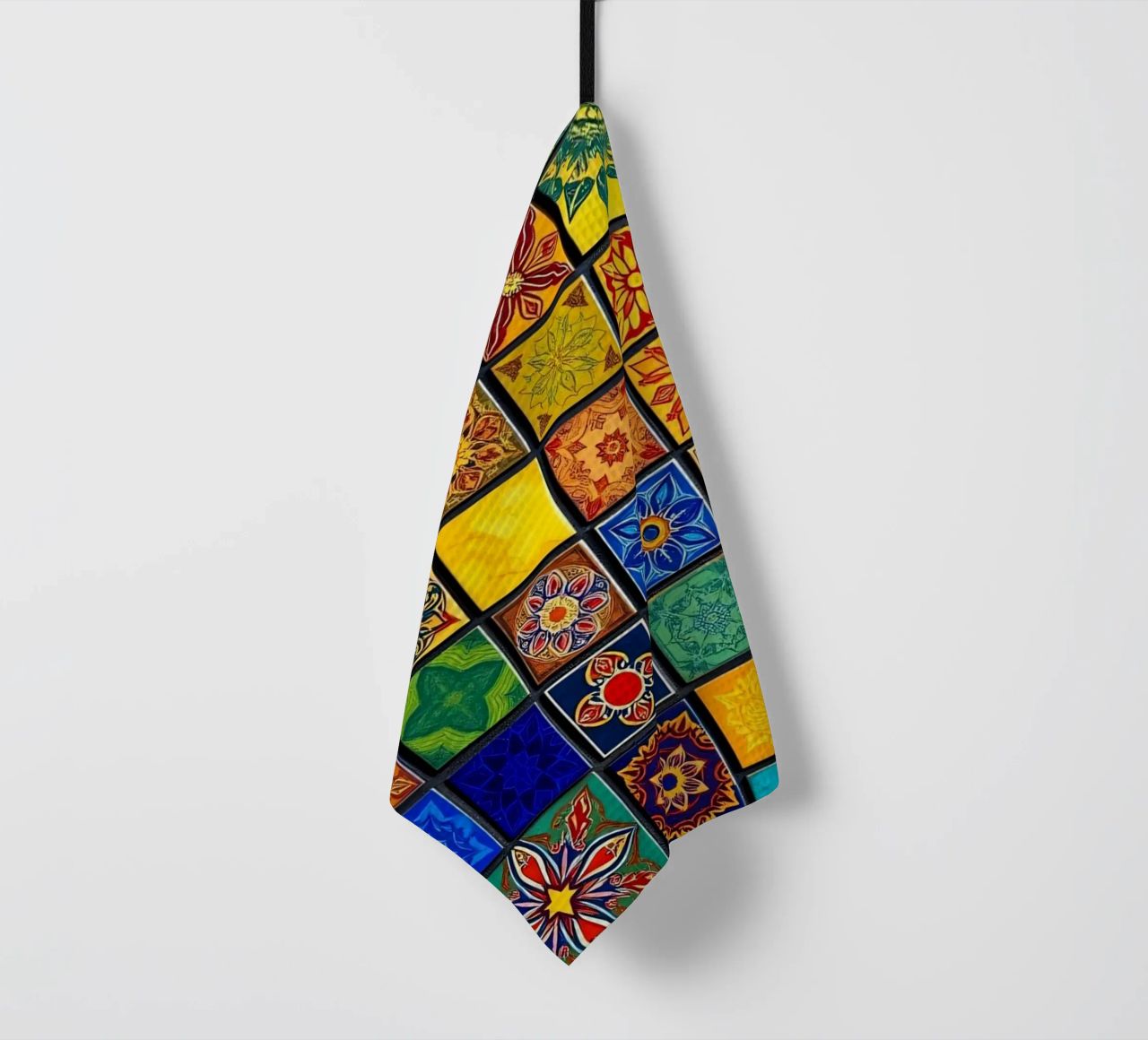 Colorful mosaic tiles with intricate patterns and design tea towel by DesignDoodle