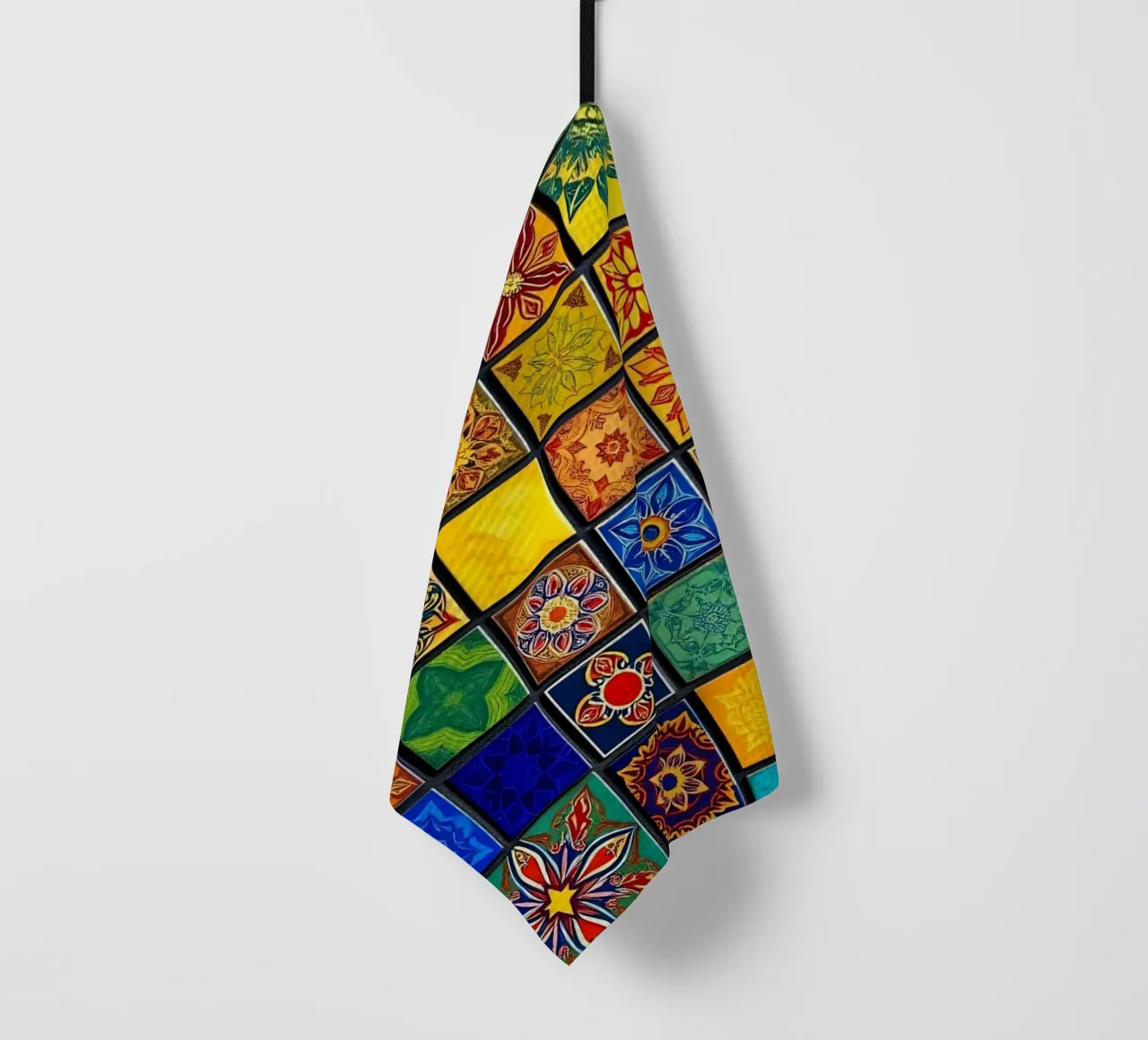 Colorful mosaic tiles with intricate patterns and design tea towel by DesignDoodle