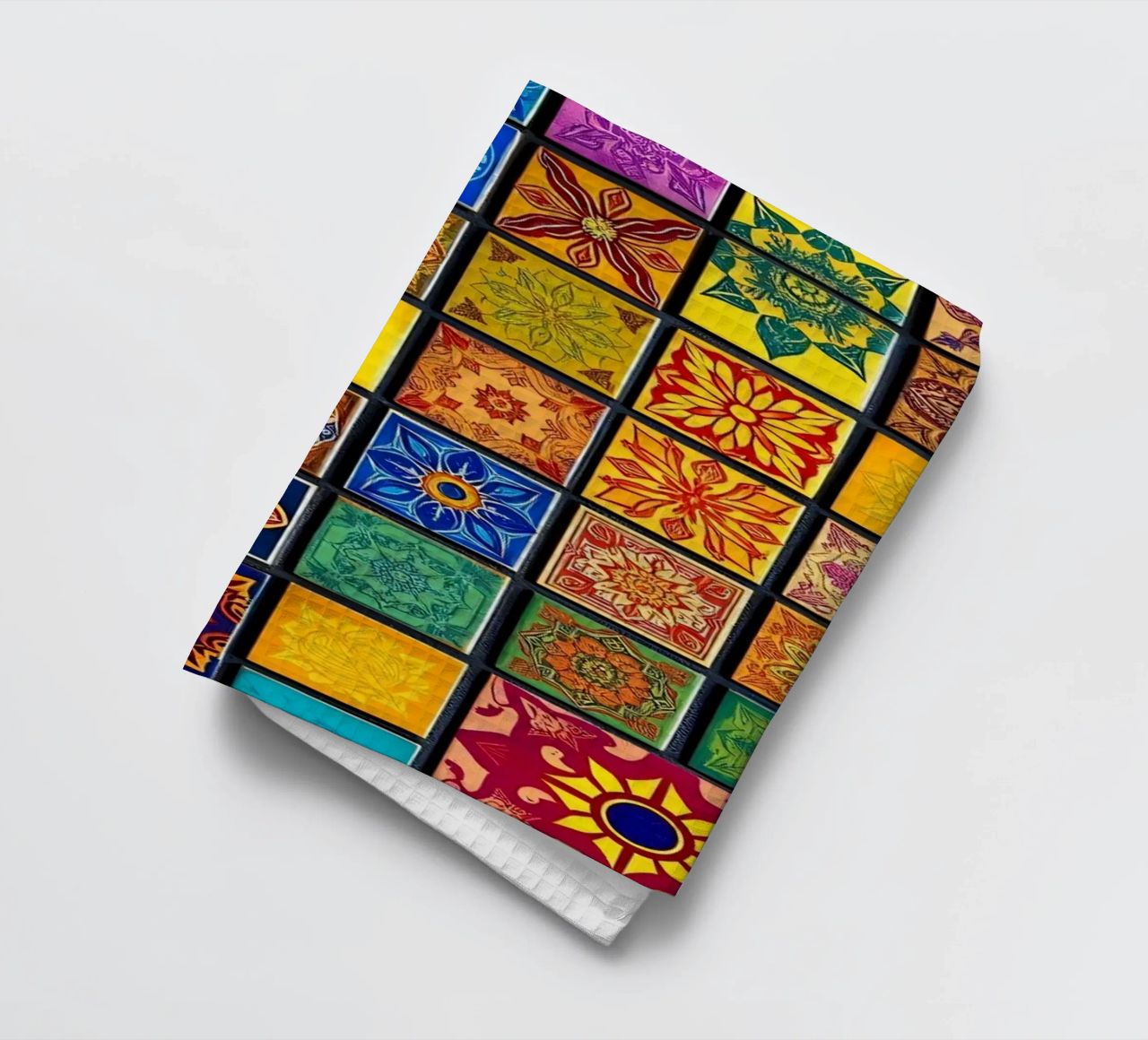 Colorful mosaic tiles with intricate patterns and design tea towel by DesignDoodle
