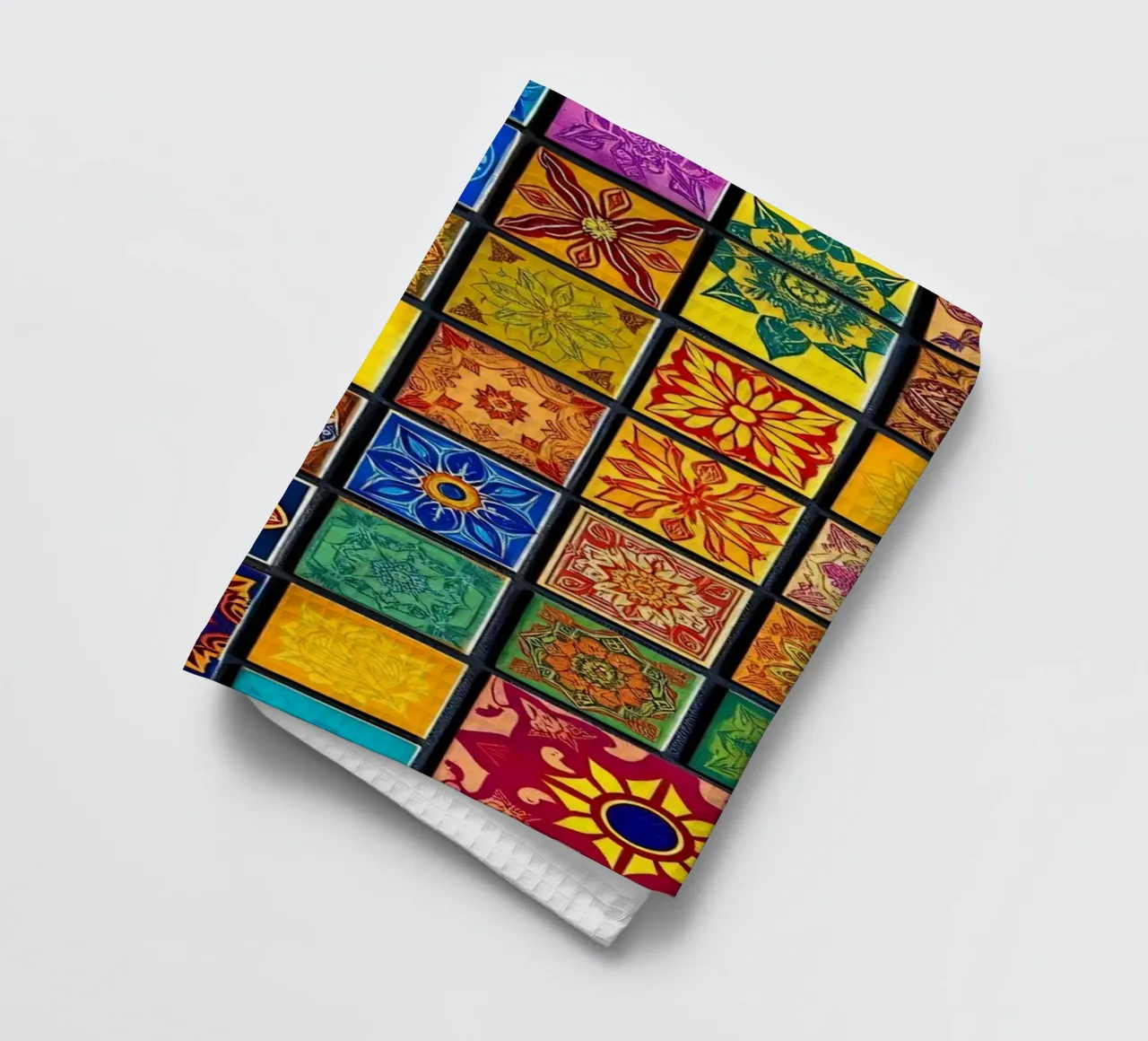 Colorful mosaic tiles with intricate patterns and design tea towel by DesignDoodle
