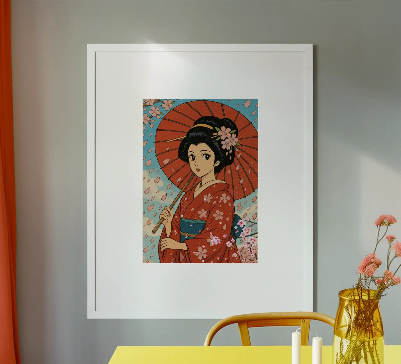 geisha and cherry blossoms poster con telaio in plastica da ramosashop