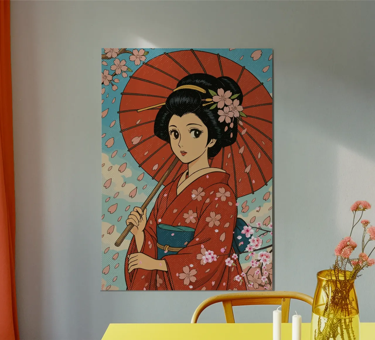 geisha and cherry blossoms poster con telaio in plastica da ramosashop
