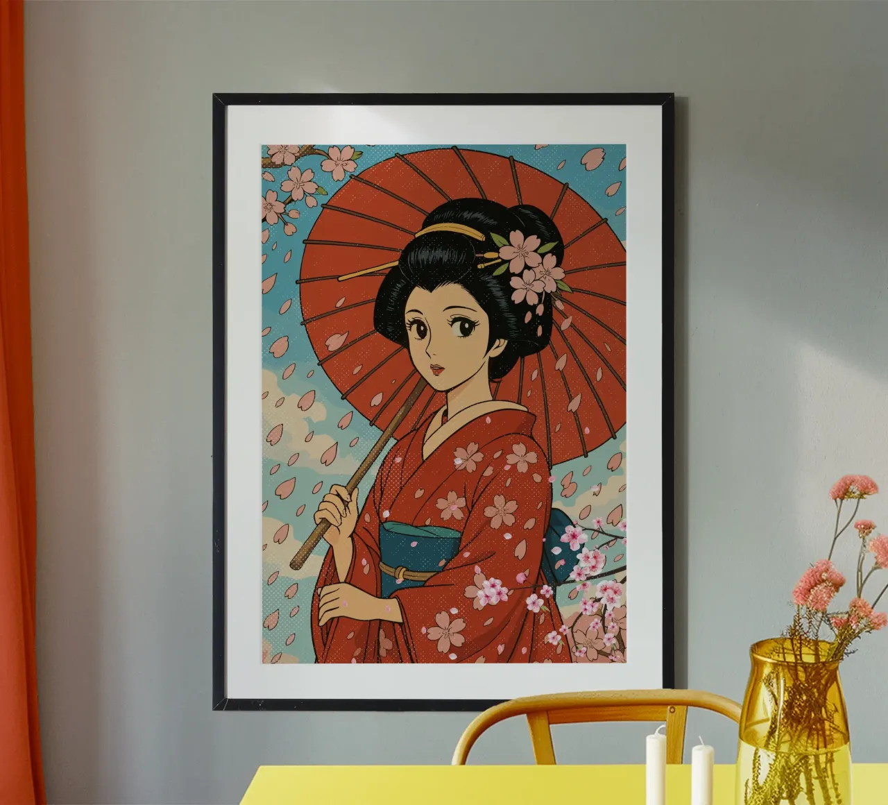 geisha and cherry blossoms poster con telaio in plastica da ramosashop