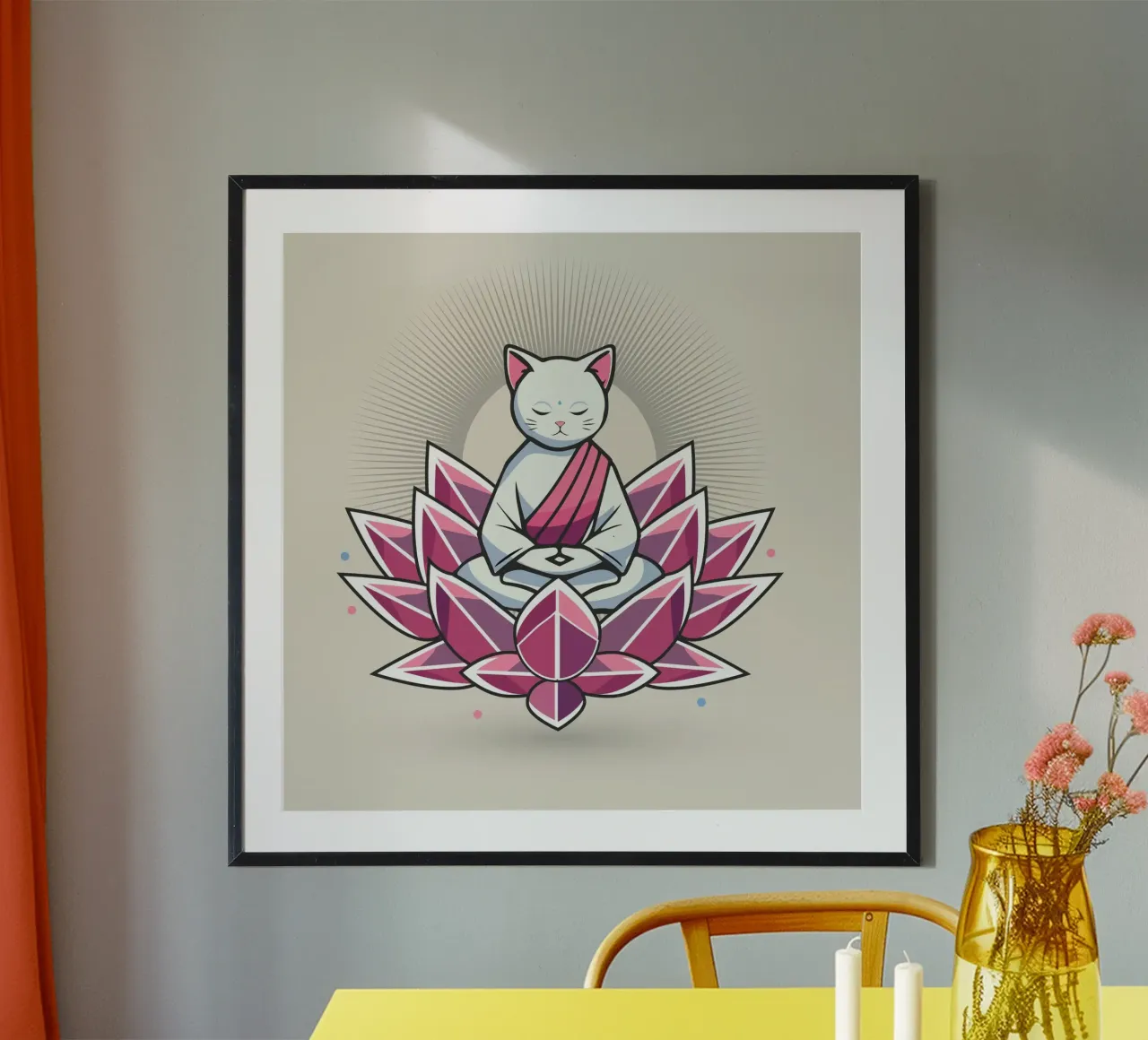 Chat méditant paisiblement dans une fleur de lotus hahnemühle de namosh