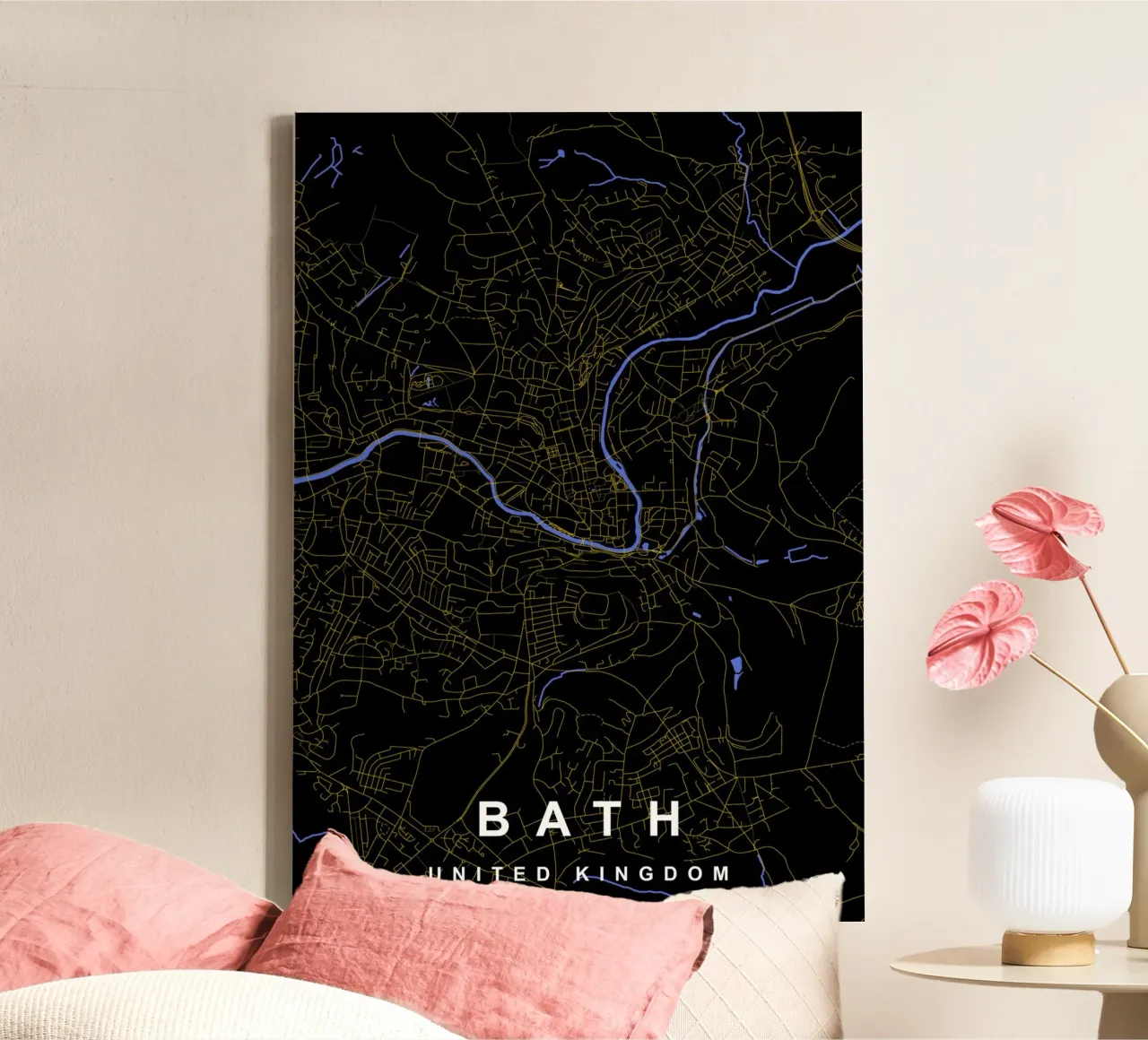 Mappa della città di Bath Regno Unito nero e oro tela con Cornice a cassetta da Cartographers Library
