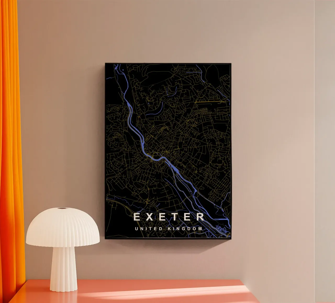 Mappa della città di Exeter Regno Unito nero e oro plexiglass da Cartographers Library
