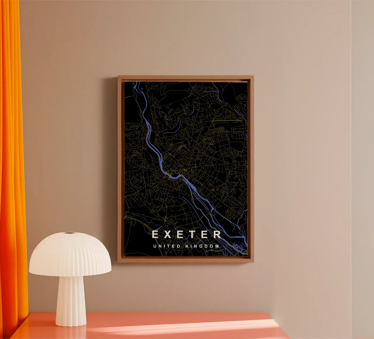 Mappa della città di Exeter Regno Unito nero e oro tela con Cornice a cassetta da Cartographers Library