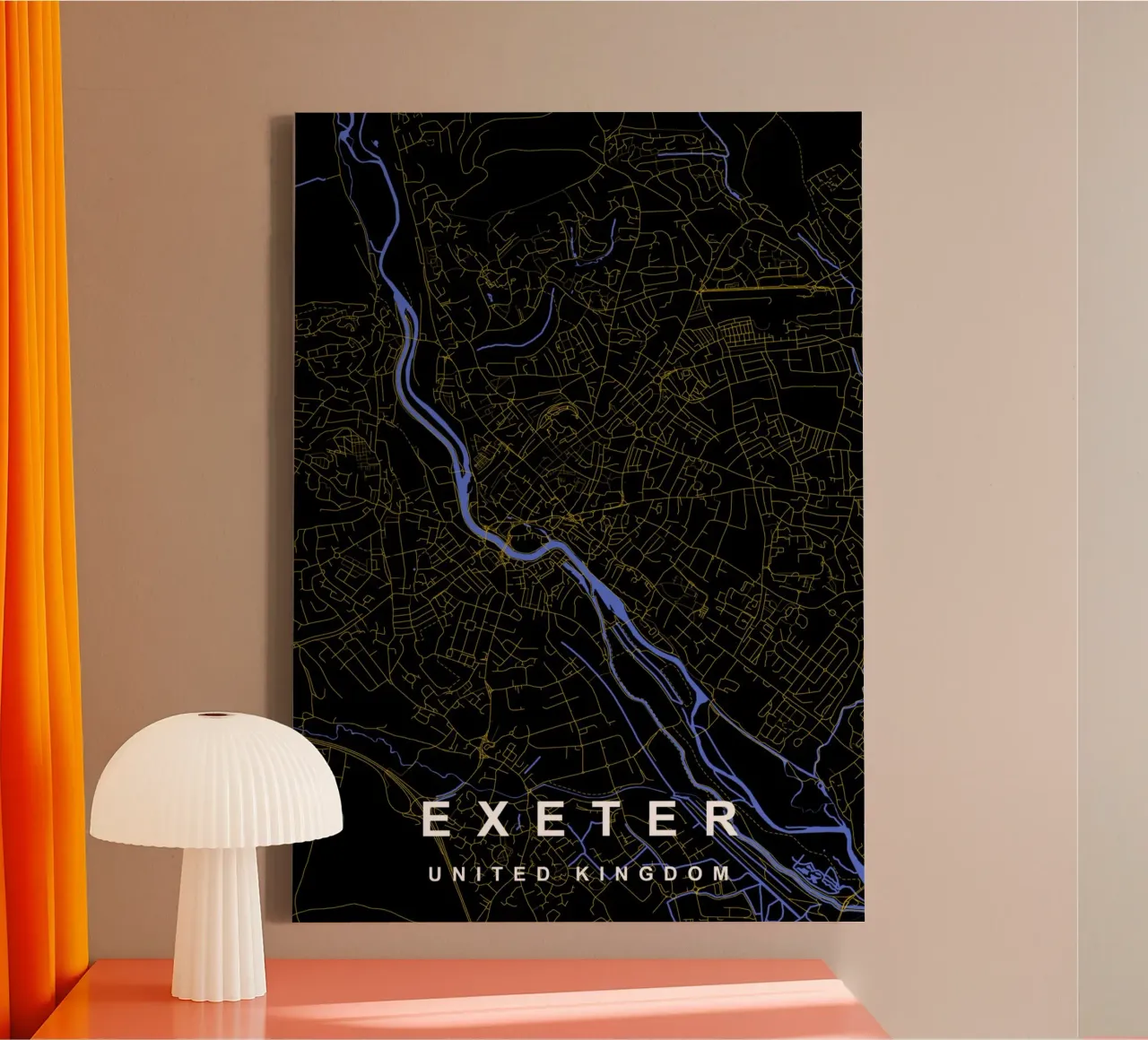 Mappa della città di Exeter Regno Unito nero e oro tela con Cornice a cassetta da Cartographers Library