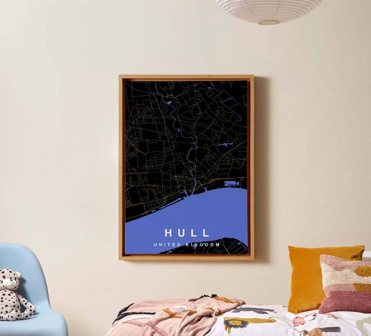 Mappa della città di Hull, Regno Unito, nero e oro tela con Cornice a cassetta da Cartographers Library