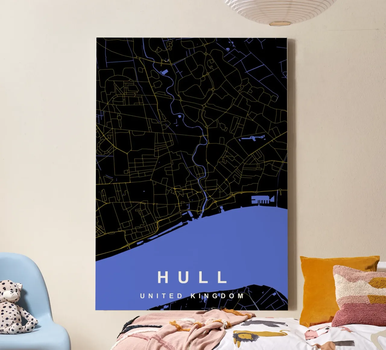 Mappa della città di Hull, Regno Unito, nero e oro tela con Cornice a cassetta da Cartographers Library
