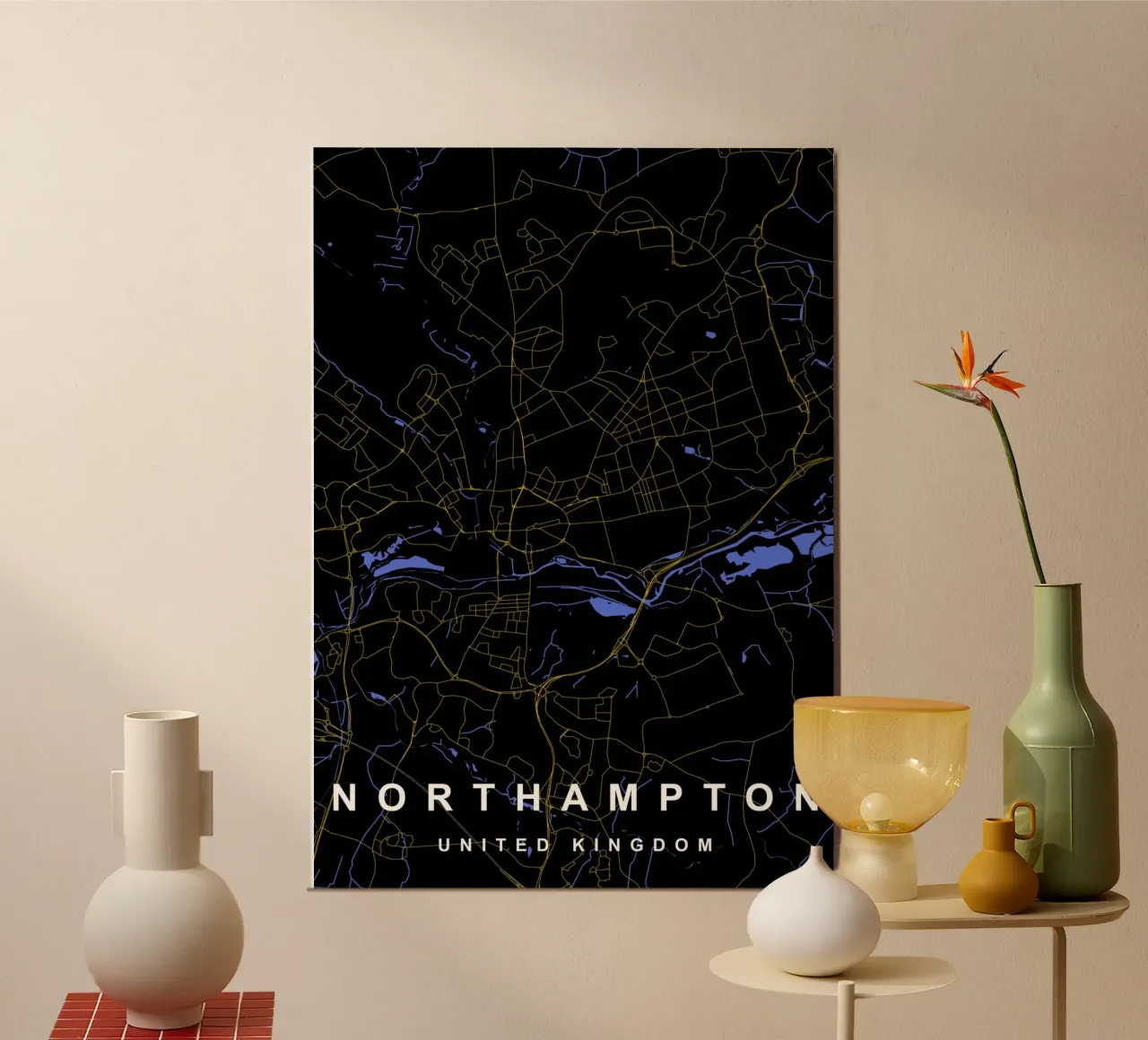 Mappa della città di Northampton Regno Unito nero e oro alluminio dibond da Cartographers Library