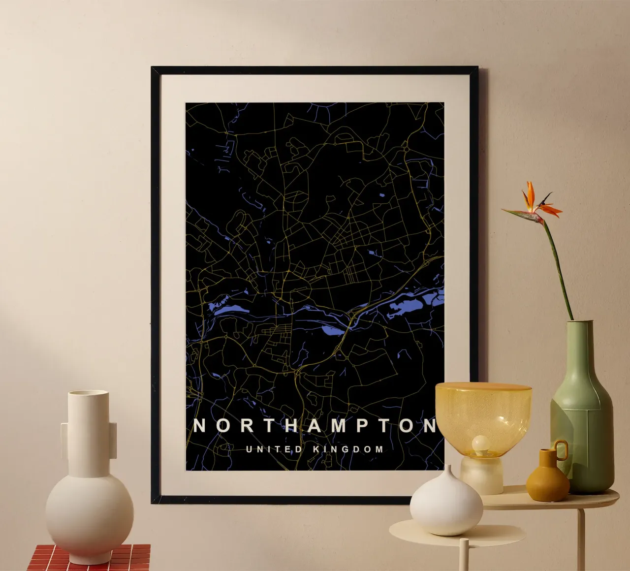Mappa della città di Northampton Regno Unito nero e oro carta hahnemühle da Cartographers Library