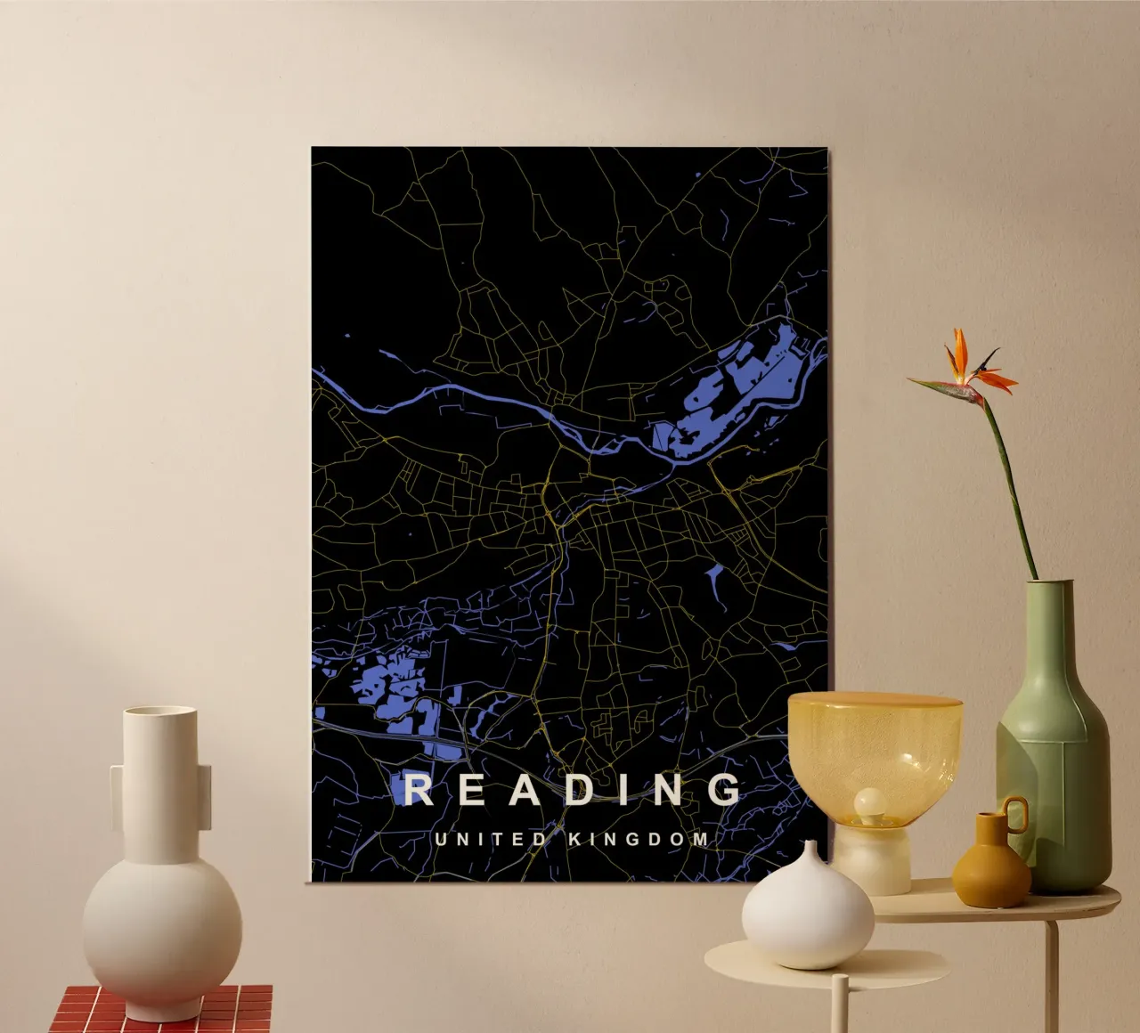 Mappa della città di Reading Regno Unito nero e oro alluminio dibond da Cartographers Library