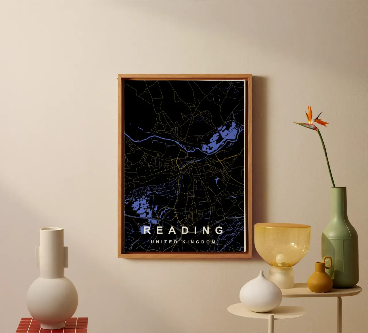 Mappa della città di Reading Regno Unito nero e oro tela con Cornice a cassetta da Cartographers Library