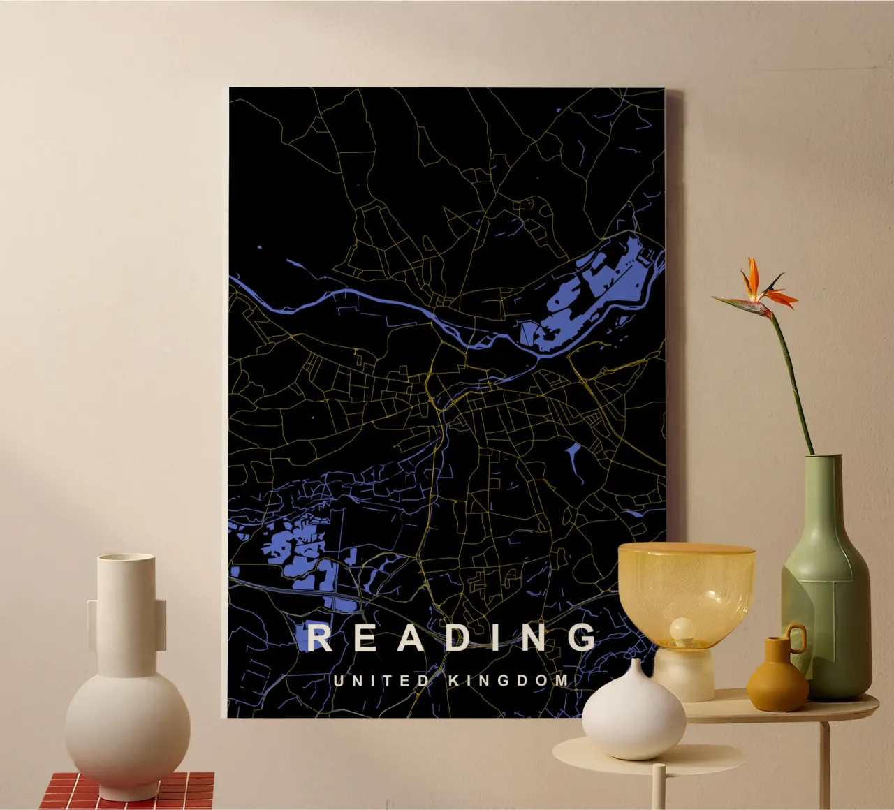 Mappa della città di Reading Regno Unito nero e oro tela con Cornice a cassetta da Cartographers Library