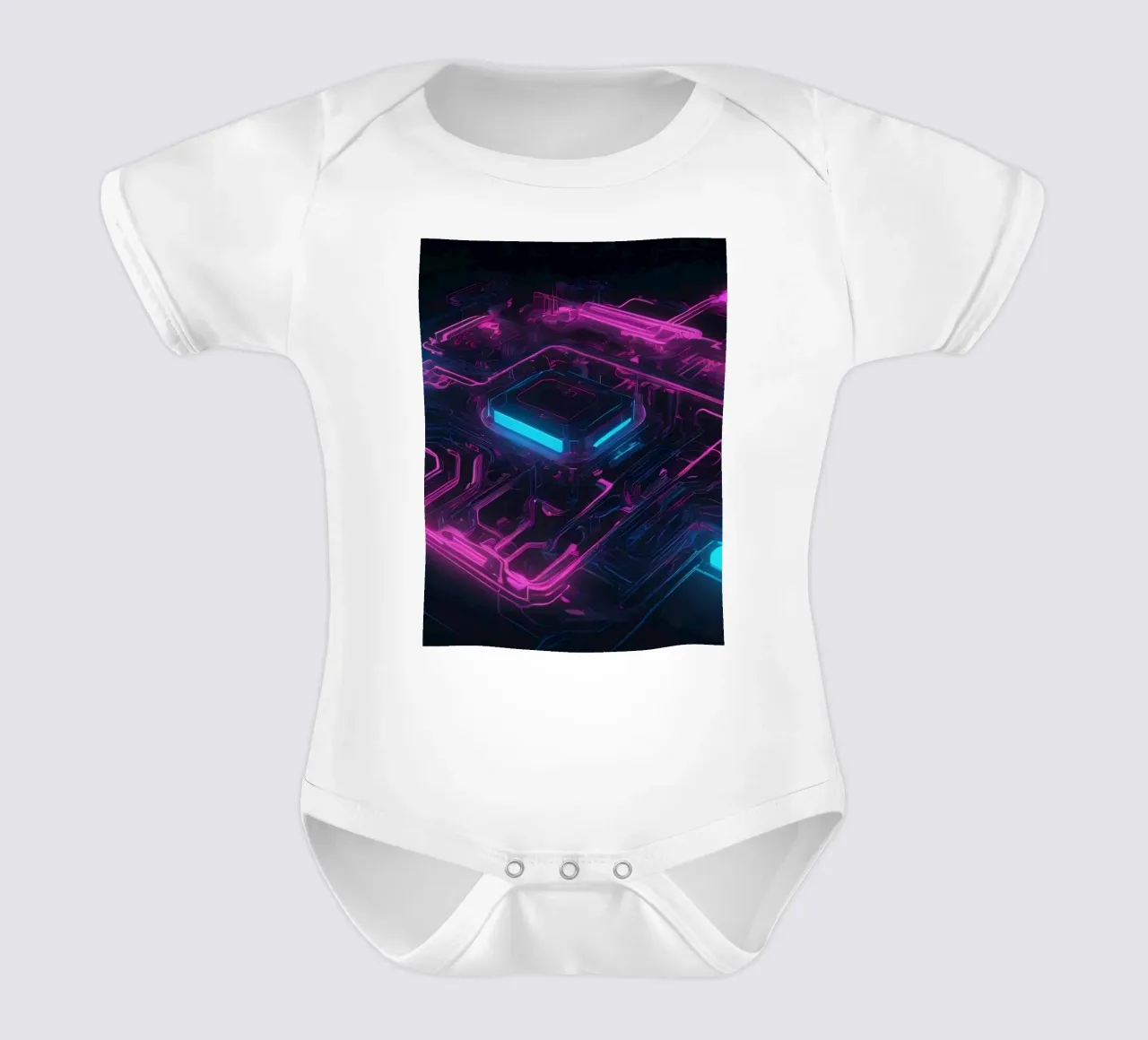 Vibrant neon circuit board design showcasing technology short-sleeve baby romper by DesignDoodle