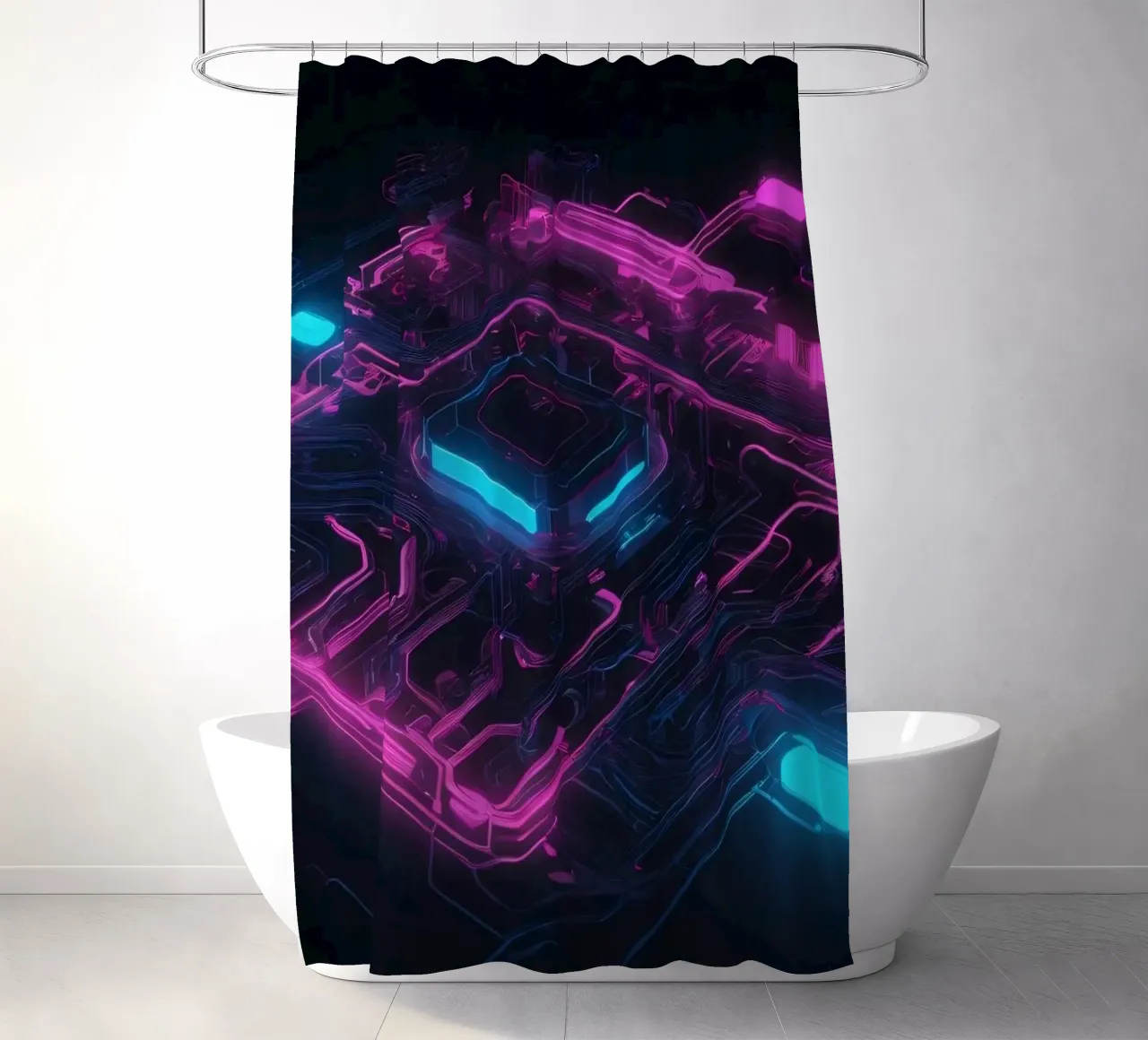 Lebendiges Neon-Leiterplattendesign zur Präsentation der Technologie Duschvorhang von DesignDoodle
