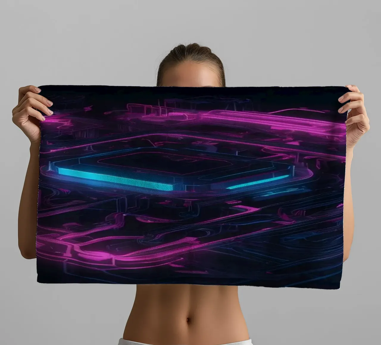 Vibrant neon circuit board design showcasing technology towel by DesignDoodle