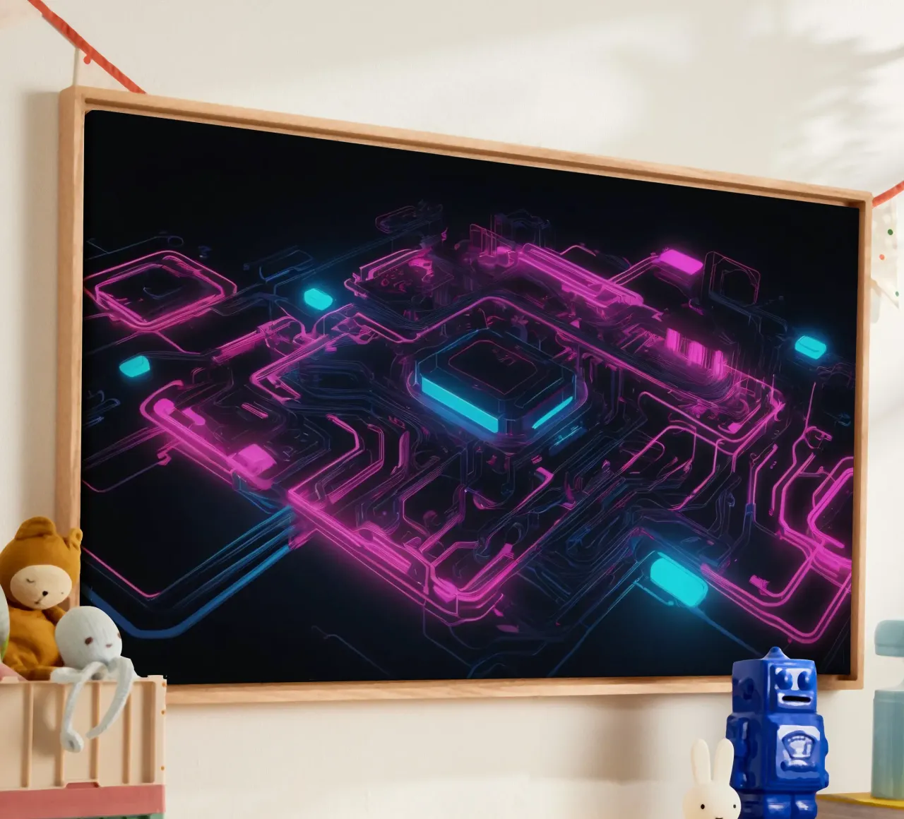 Vibrant neon circuit board design showcasing technology canvas with Floater frame by DesignDoodle
