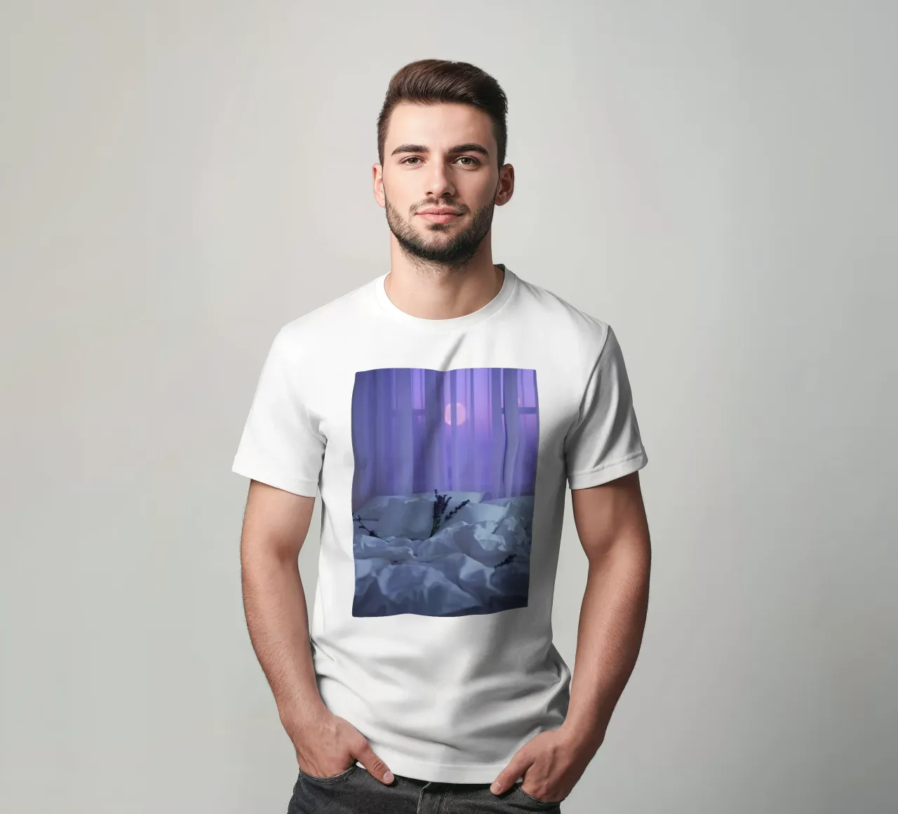 Fleurs de lavande douces sur un lit au lever du soleil avec vue sur la mer. t-shirt de DesignDoodle