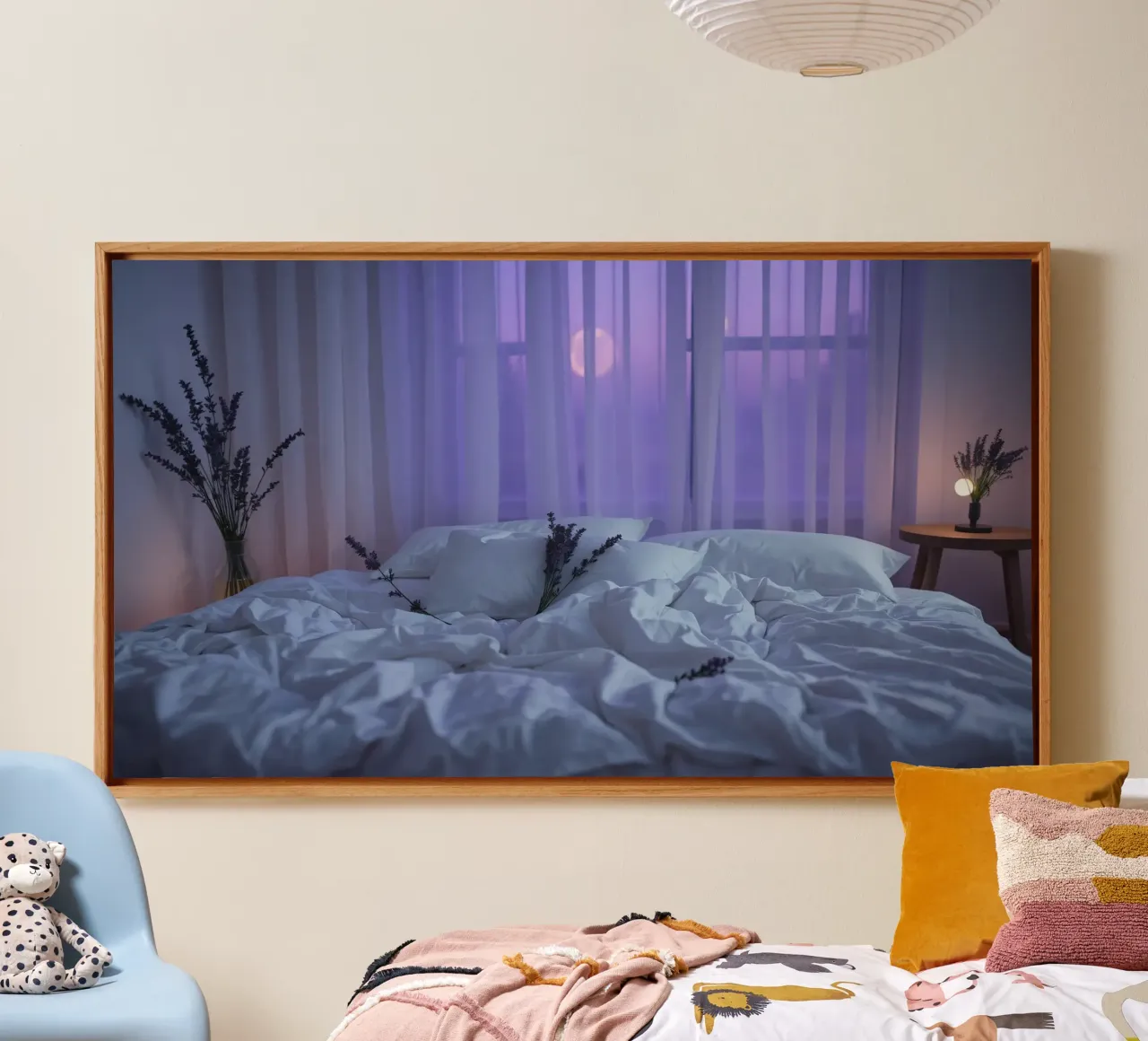 Soft lavender flowers on a bed at sunrise with a view throug canvas with Floater frame by DesignDoodle